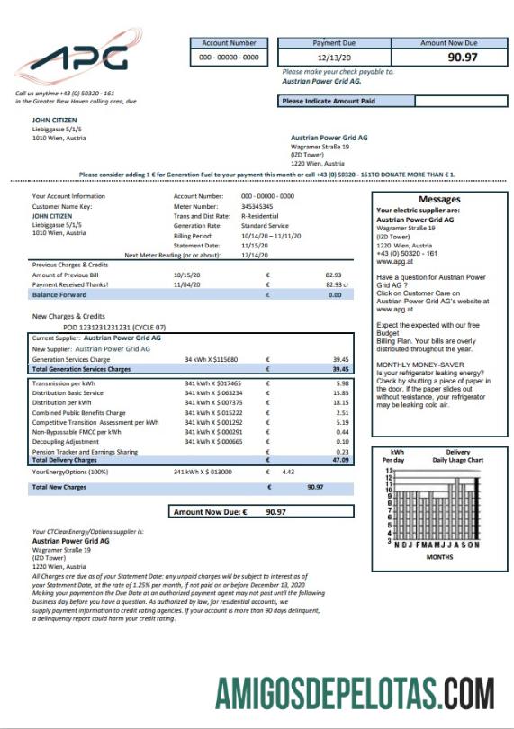 Áustria Conta de serviços públicos da Austrian Power Grid AG exemplo real